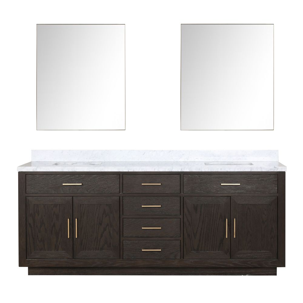 Abbey 84 in W x 22 in. D Brown Oak Double Bath Vanity, Carrara Marble Top, and 36 in Mirrors
