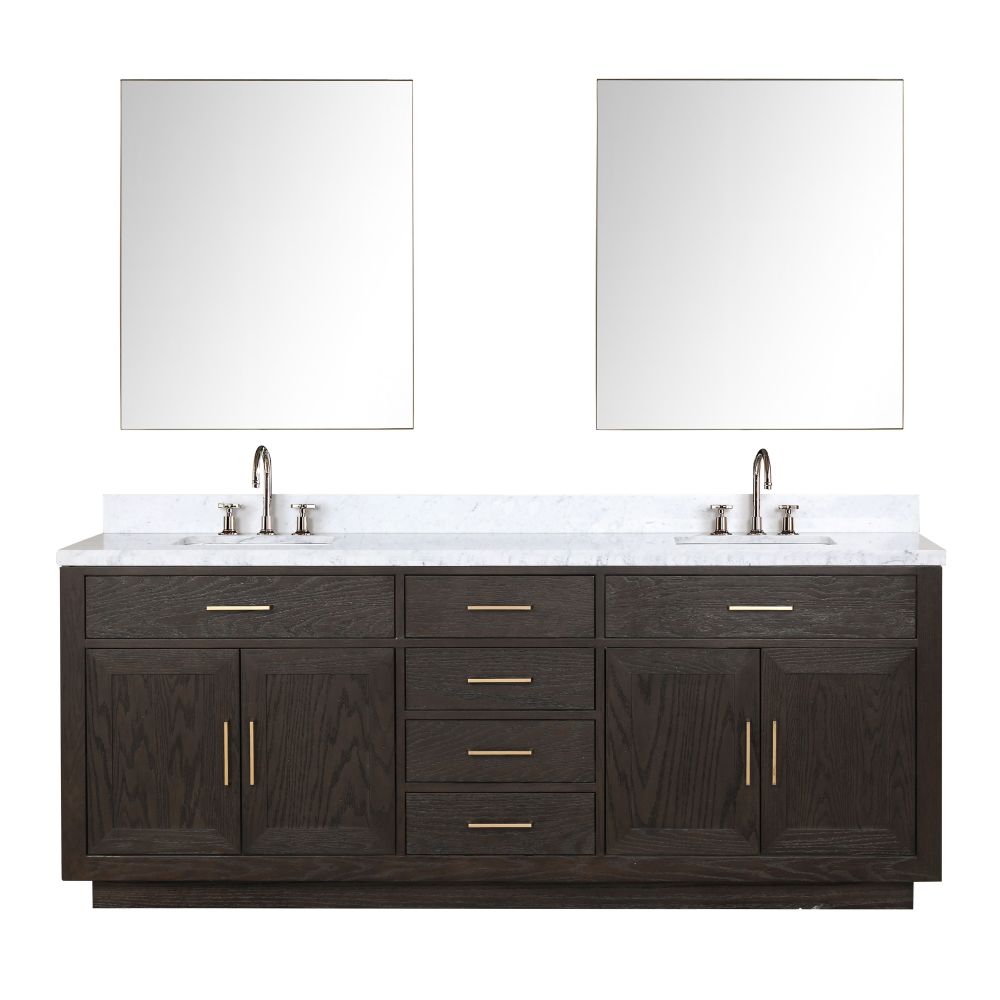 Abbey 84 in W x 22 in. D Brown Oak Double Bath Vanity, Carrara Marble Top, Faucet Set, and 36 in Mirrors