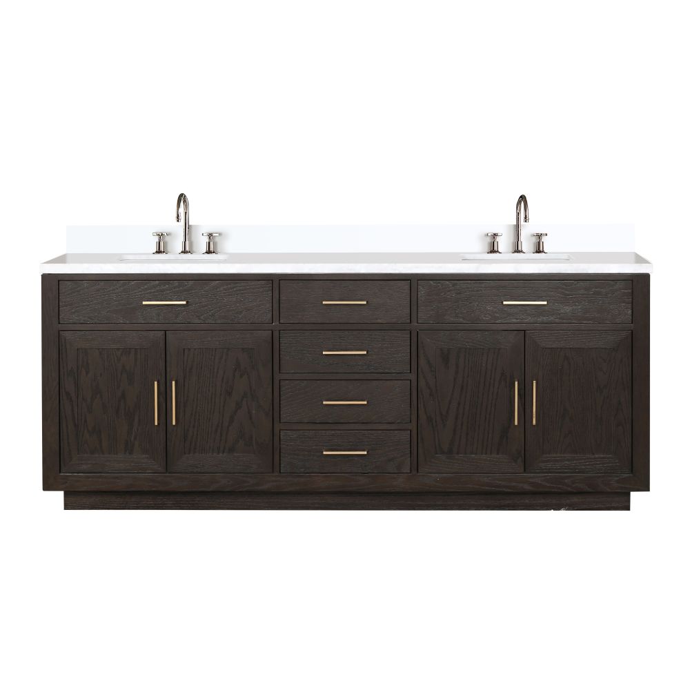 Abbey 84 in W x 22 in. D Brown Oak Double Bath Vanity, White Quartz Top, and Faucet Set