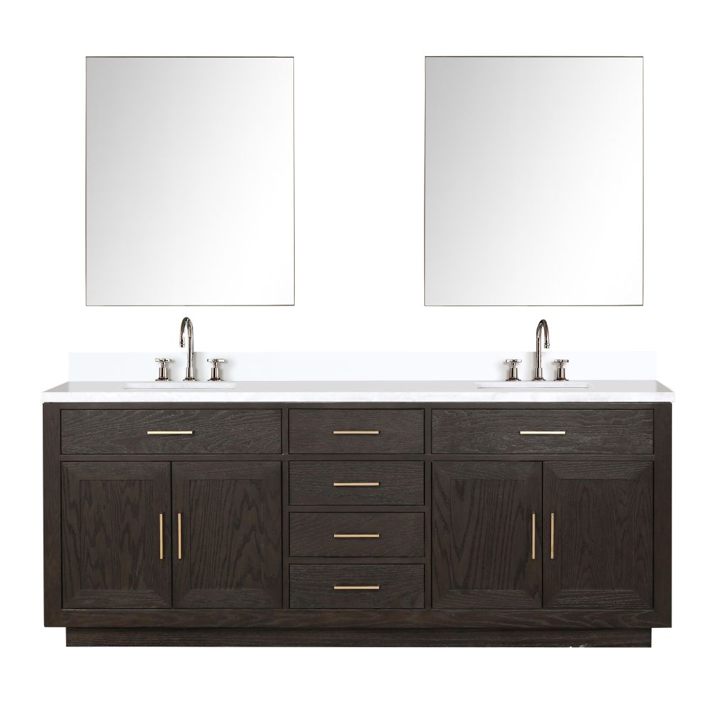 Abbey 84 in W x 22 in. D Brown Oak Double Bath Vanity, White Quartz Top, Faucet Set, and 36 in Mirrors