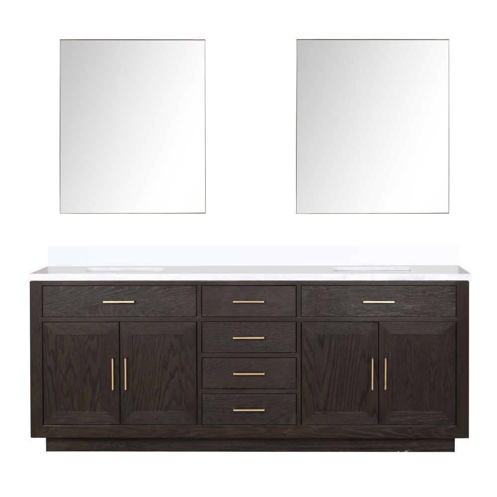 Abbey 84 in W x 22 in. D Brown Oak Double Bath Vanity, Cultured Marble Top, and 36 in Mirrors