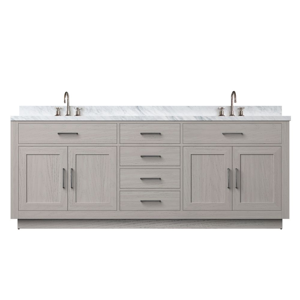Abbey 84 in W x 22 in. D White Oak Double Bath Vanity, Carrara Marble Top, and Faucet Set