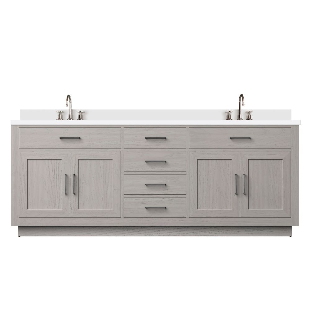 Abbey 84 in W x 22 in. D White Oak Double Bath Vanity, Cultured Marble Top, and Faucet Set