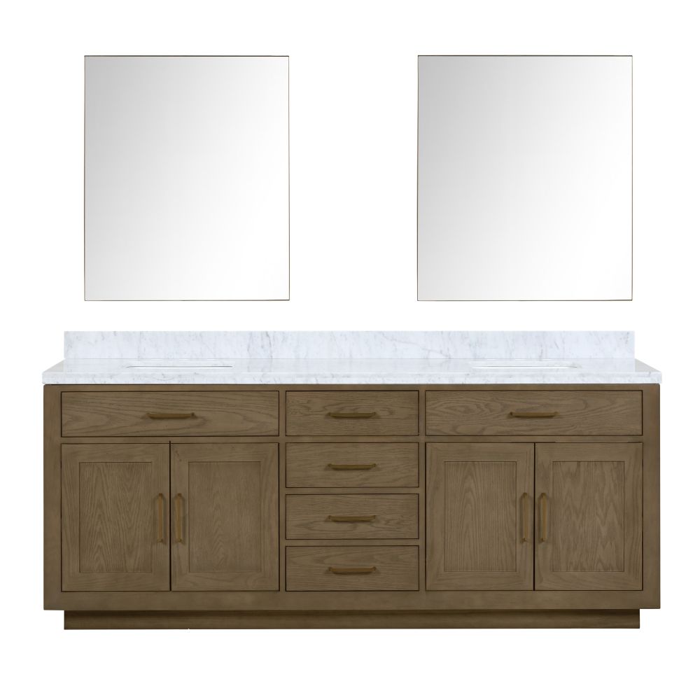 Abbey 84 in W x 22 in. D Grey Oak Double Bath Vanity, Carrara Marble Top, and 36 in Mirrors