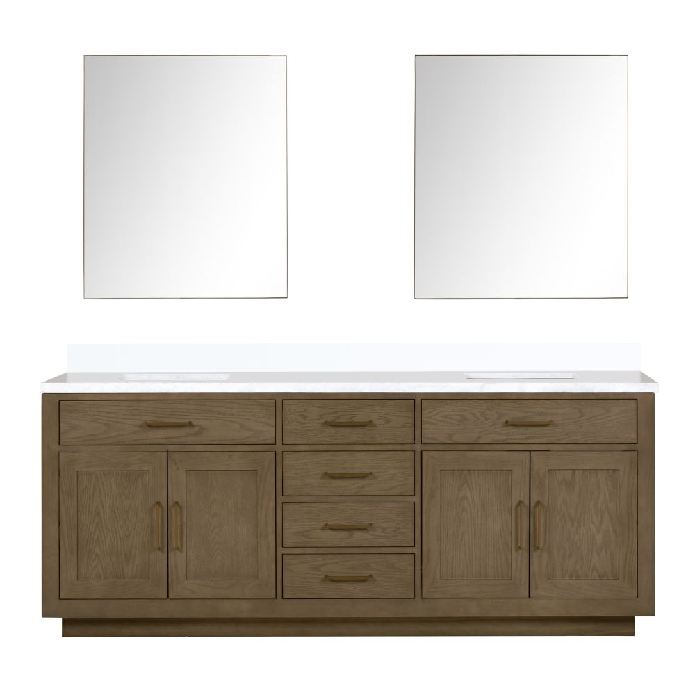 Abbey 84 in W x 22 in. D Grey Oak Double Bath Vanity, White Quartz Top, and 36 in Mirrors
