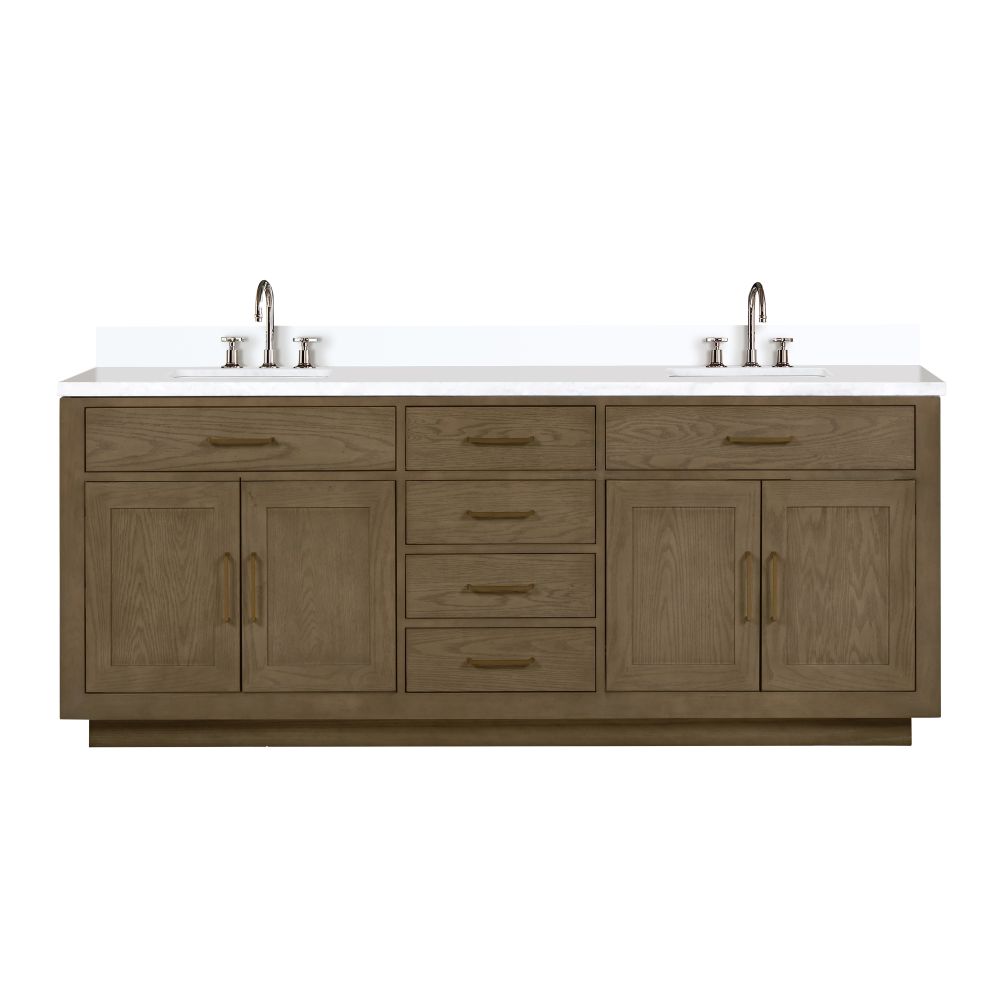 Abbey 84 in W x 22 in. D Grey Oak Double Bath Vanity, Cultured Marble Top, and Faucet Set
