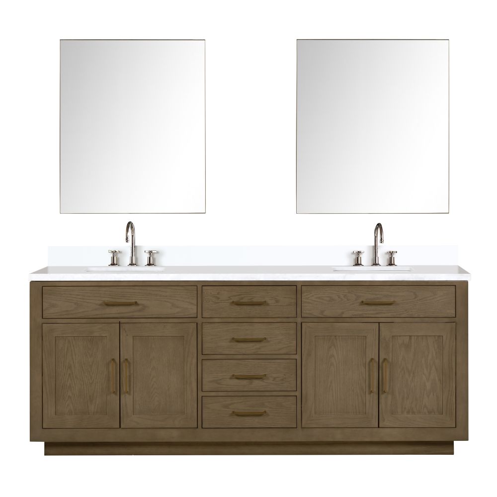 Abbey 84 in W x 22 in. D Grey Oak Double Bath Vanity, Cultured Marble Top, Faucet Set, and 36 in Mirrors