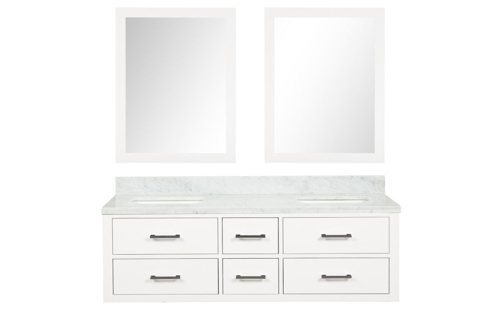 Castor 60 in W x 22 in. D White Double Bath Vanity, Carrara Marble Top, and 28 in Mirrors