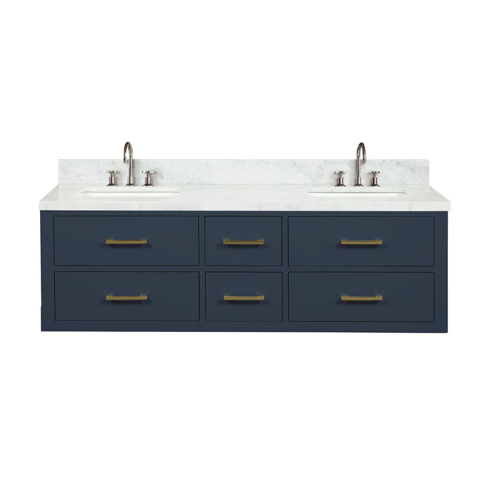 Castor 60 in W x 22 in. D Blue Double Bath Vanity, Carrara Marble Top, and Faucet Set