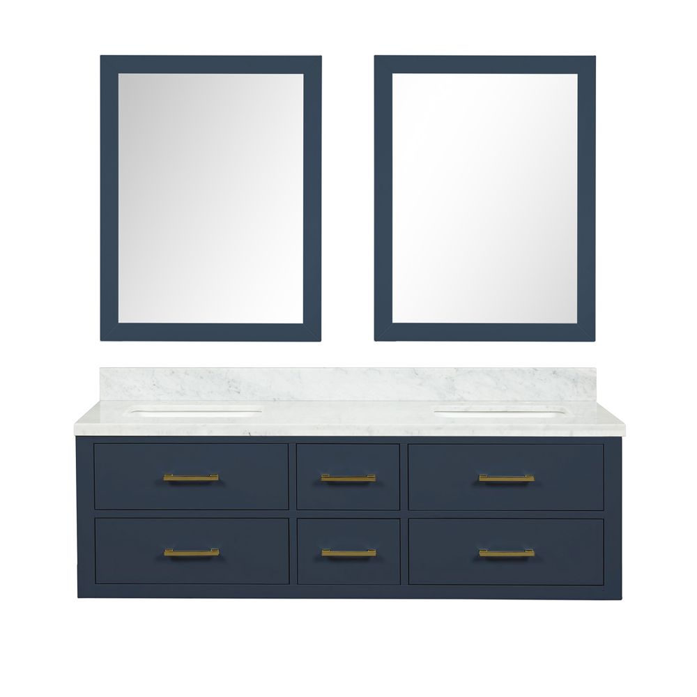 Castor 60 in W x 22 in. D Blue Double Bath Vanity, Carrara Marble Top, and 28 in Mirrors