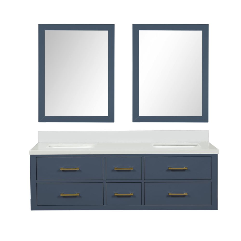 Castor 60 in W x 22 in. D Blue Double Bath Vanity, White Quartz Top, and 28 in Mirrors
