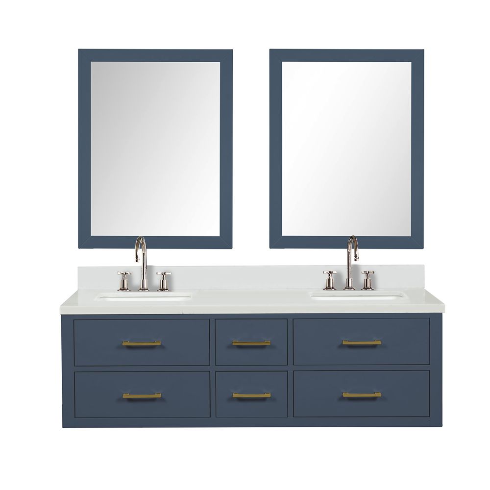 Castor 60 in W x 22 in. D Blue Double Bath Vanity, White Quartz Top, Faucet Set, and 28 in Mirrors