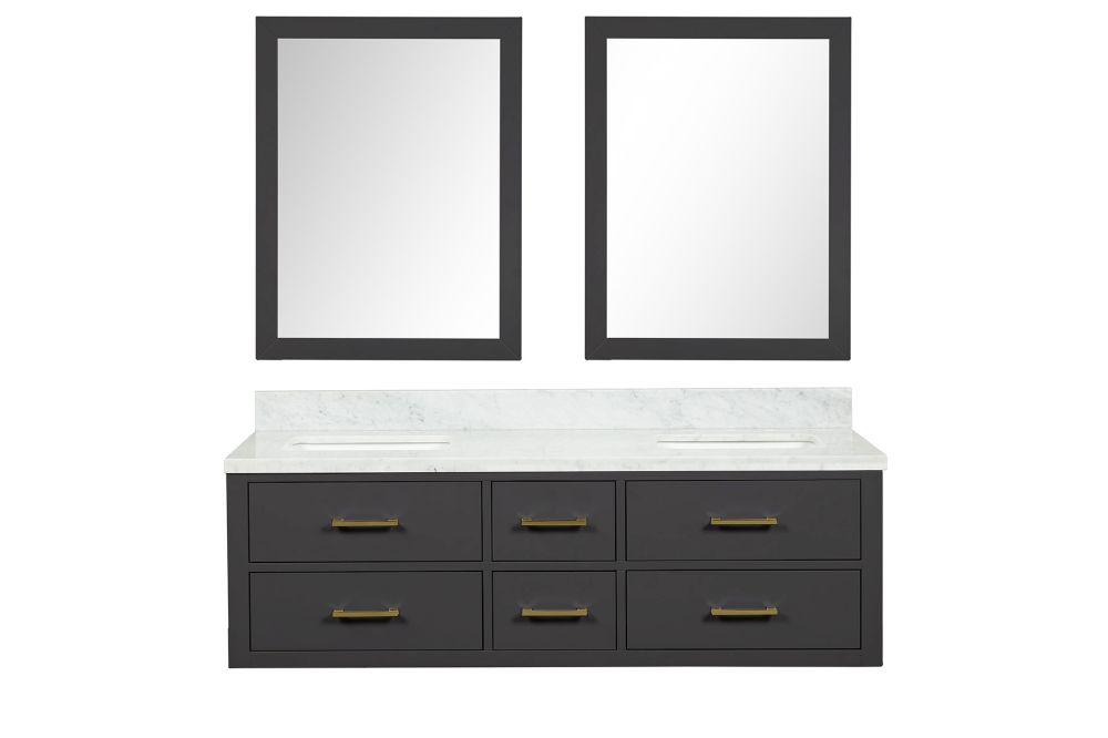 Castor 60 in W x 22 in. D Black Double Bath Vanity, Carrara Marble Top, and 28 in Mirrors