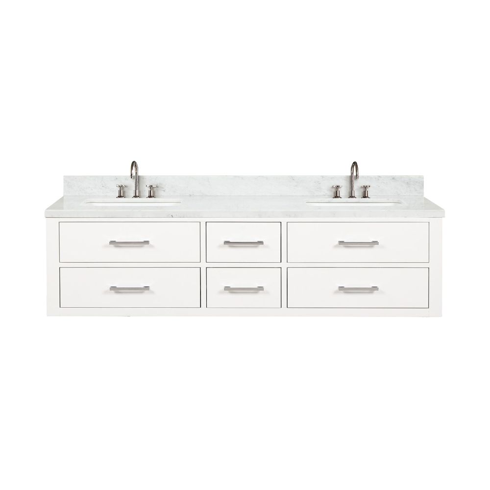 Castor 72 in W x 22 in. D White Double Bath Vanity, Carrara Marble Top, and Faucet Set