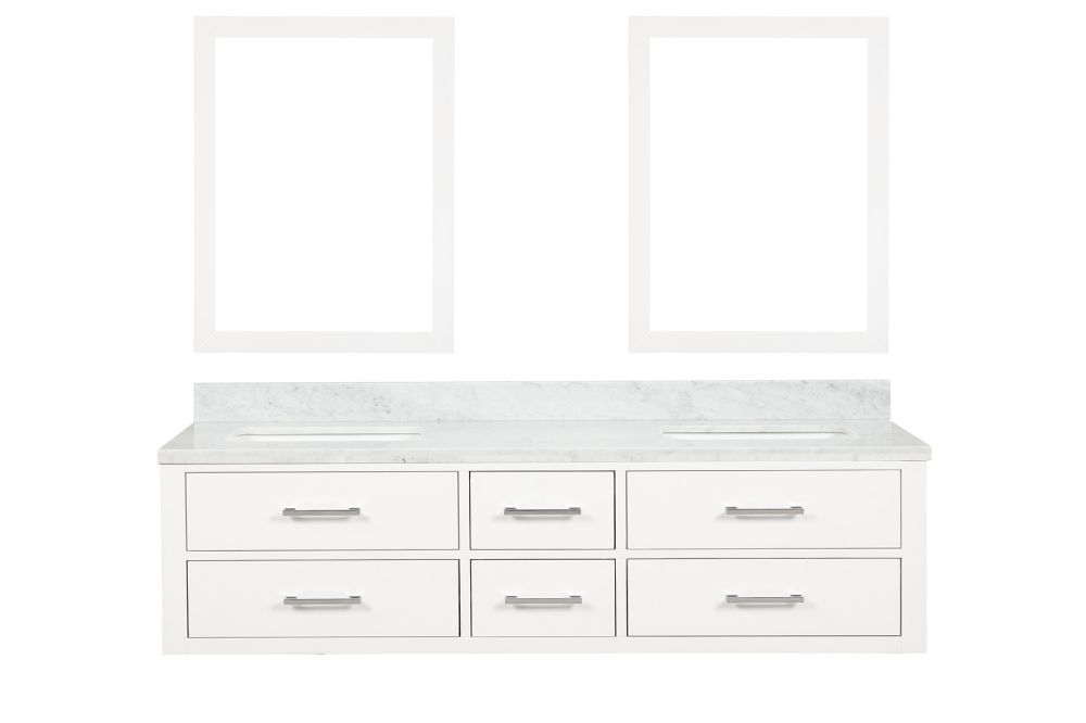 Castor 72 in W x 22 in. D White Double Bath Vanity, Carrara Marble Top, and 34 in Mirrors