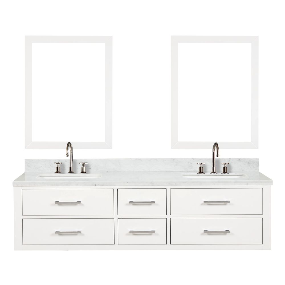 Castor 72 in W x 22 in. D White Double Bath Vanity, Carrara Marble Top, Faucet Set, and 34 in Mirrors