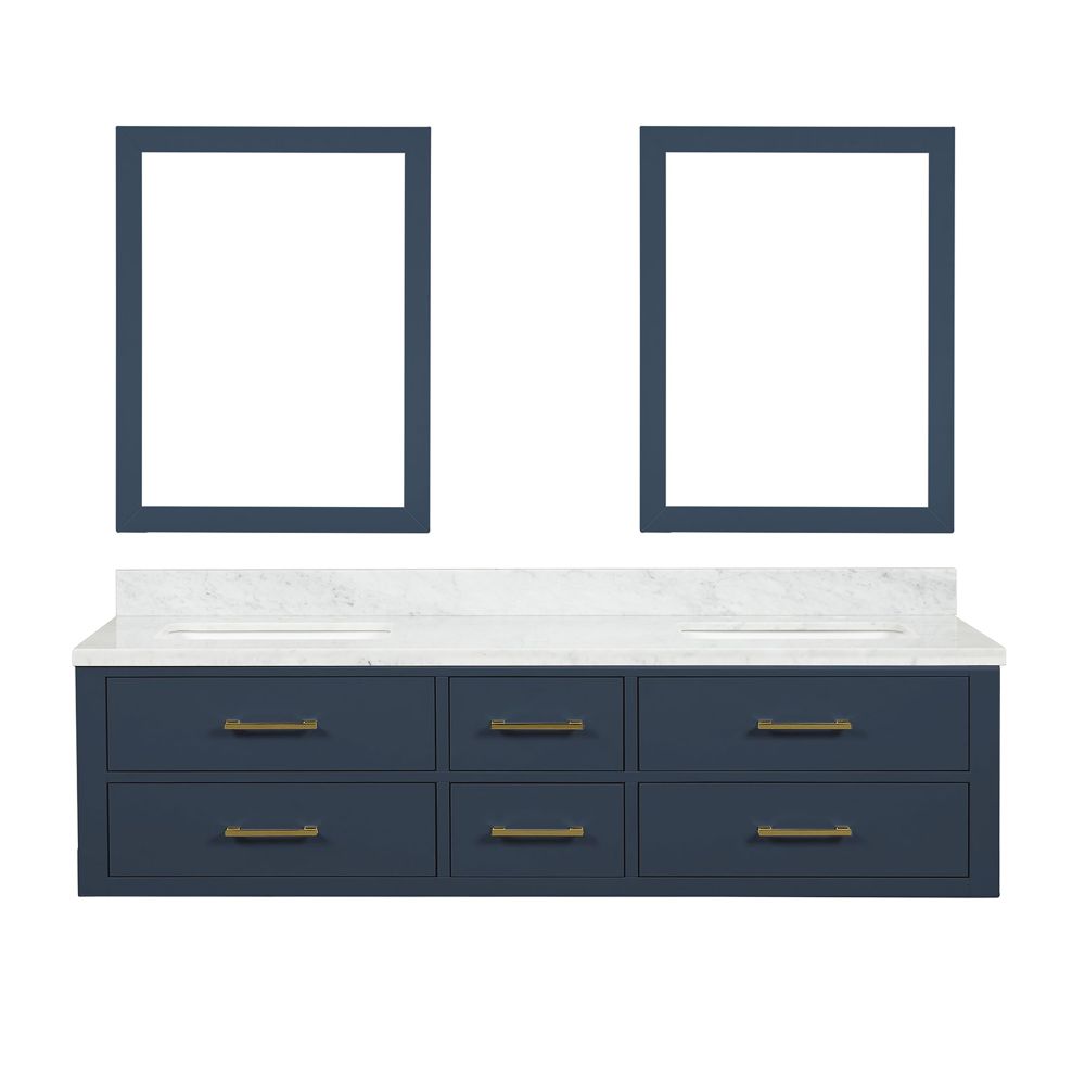 Castor 72 in W x 22 in. D Blue Double Bath Vanity, Carrara Marble Top, and 34 in Mirrors