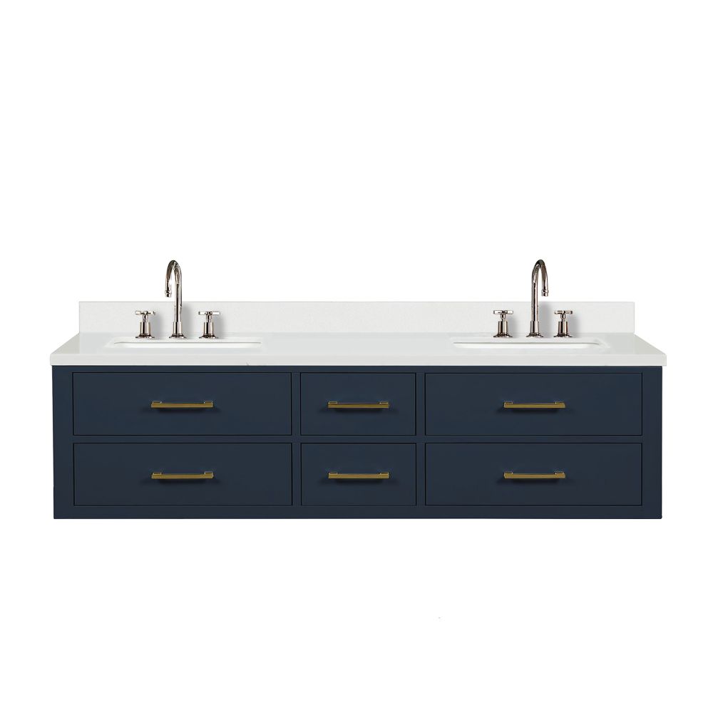 Castor 72 in W x 22 in. D Blue Double Bath Vanity, White Quartz Top, and Faucet Set