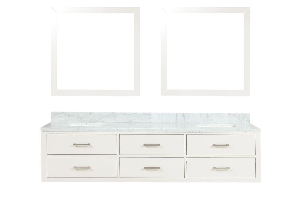 Castor 80 in W x 22 in. D White Double Bath Vanity, Carrara Marble Top, and 36 in Mirrors