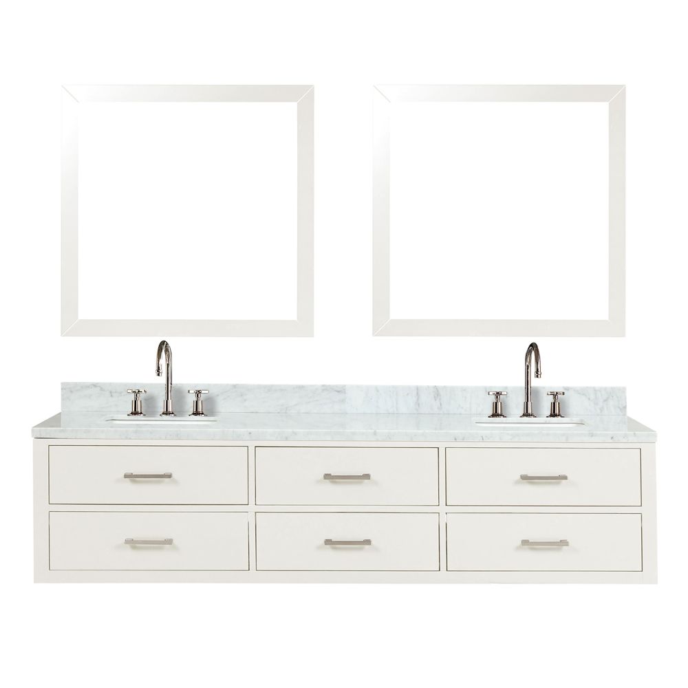 Castor 80 in W x 22 in. D White Double Bath Vanity, Carrara Marble Top, Faucet Set, and 36 in Mirrors