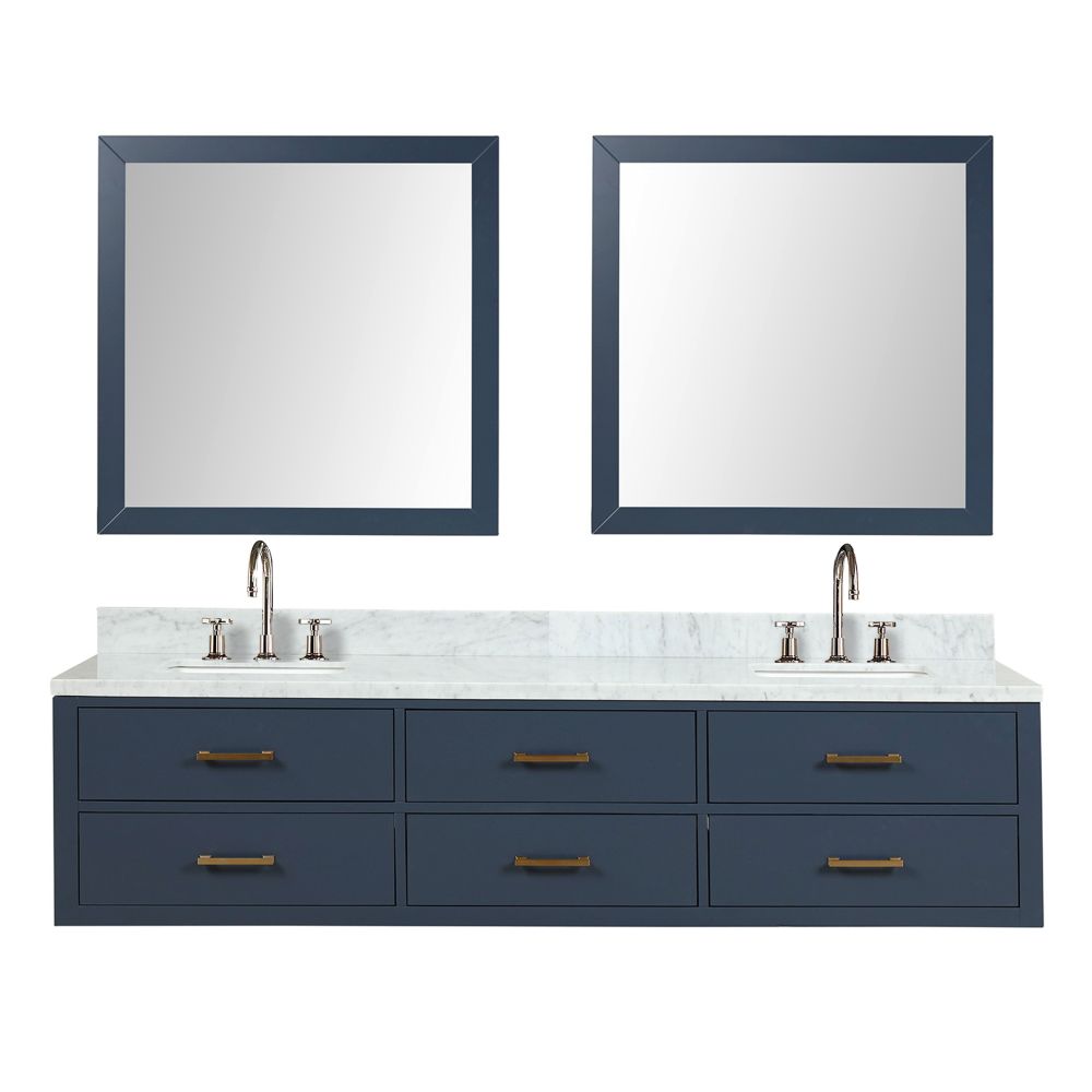 Castor 80 in W x 22 in. D Blue Double Bath Vanity, Carrara Marble Top, Faucet Set, and 36 in Mirrors