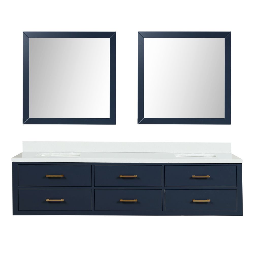 Castor 80 in W x 22 in. D Blue Double Bath Vanity, White Quartz Top, and 36 in Mirrors