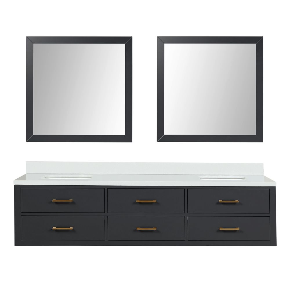Castor 80 in W x 22 in. D Black Double Bath Vanity, White Quartz Top, and 36 in Mirrors