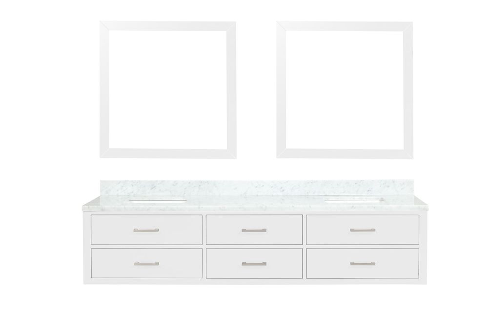 Castor 84 in W x 22 in. D White Double Bath Vanity, Carrara Marble Top, and 36 in Mirrors
