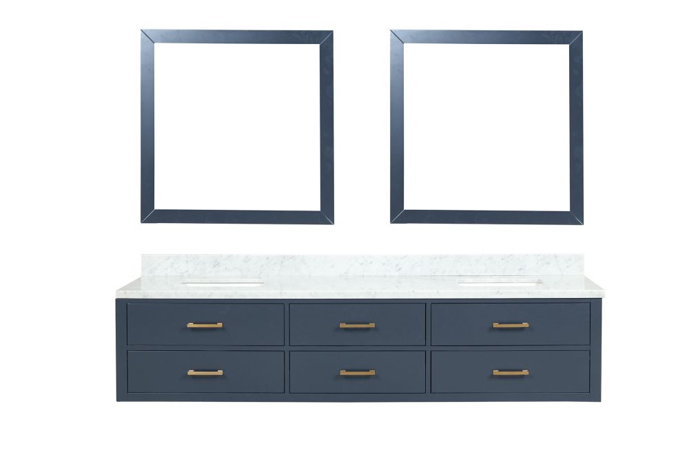 Castor 84 in W x 22 in. D Blue Double Bath Vanity, Carrara Marble Top, and 36 in Mirrors