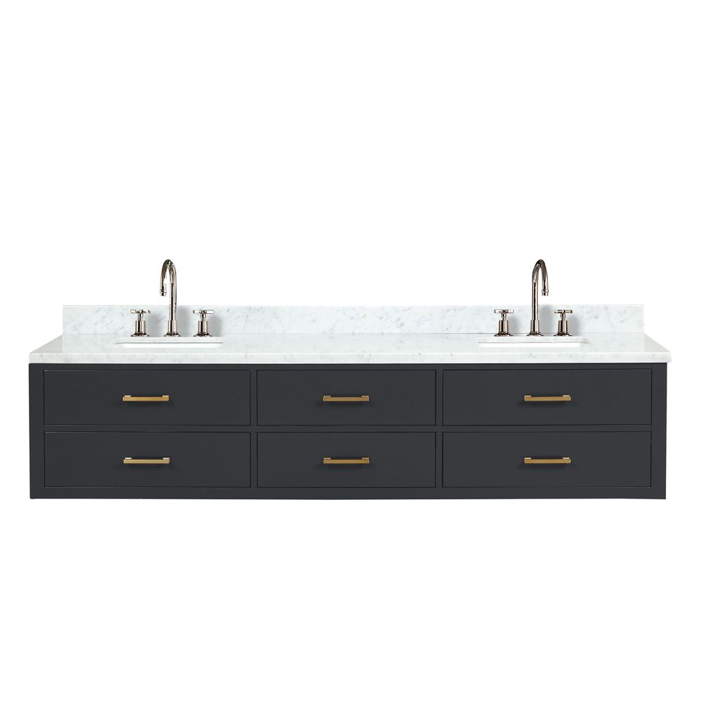 Castor 84 in W x 22 in. D Black Double Bath Vanity, Carrara Marble Top, and Faucet Set