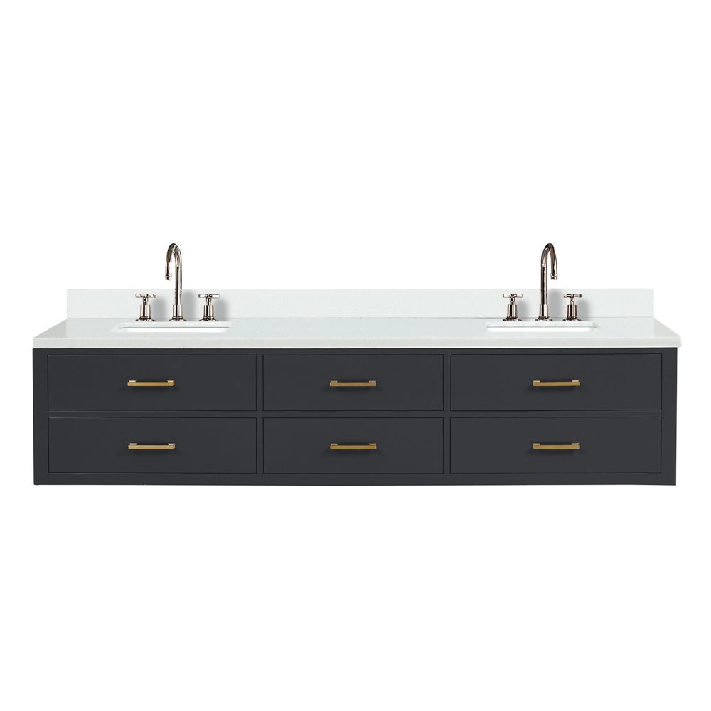 Castor 84 in W x 22 in. D Black Double Bath Vanity, White Quartz Top, and Faucet Set