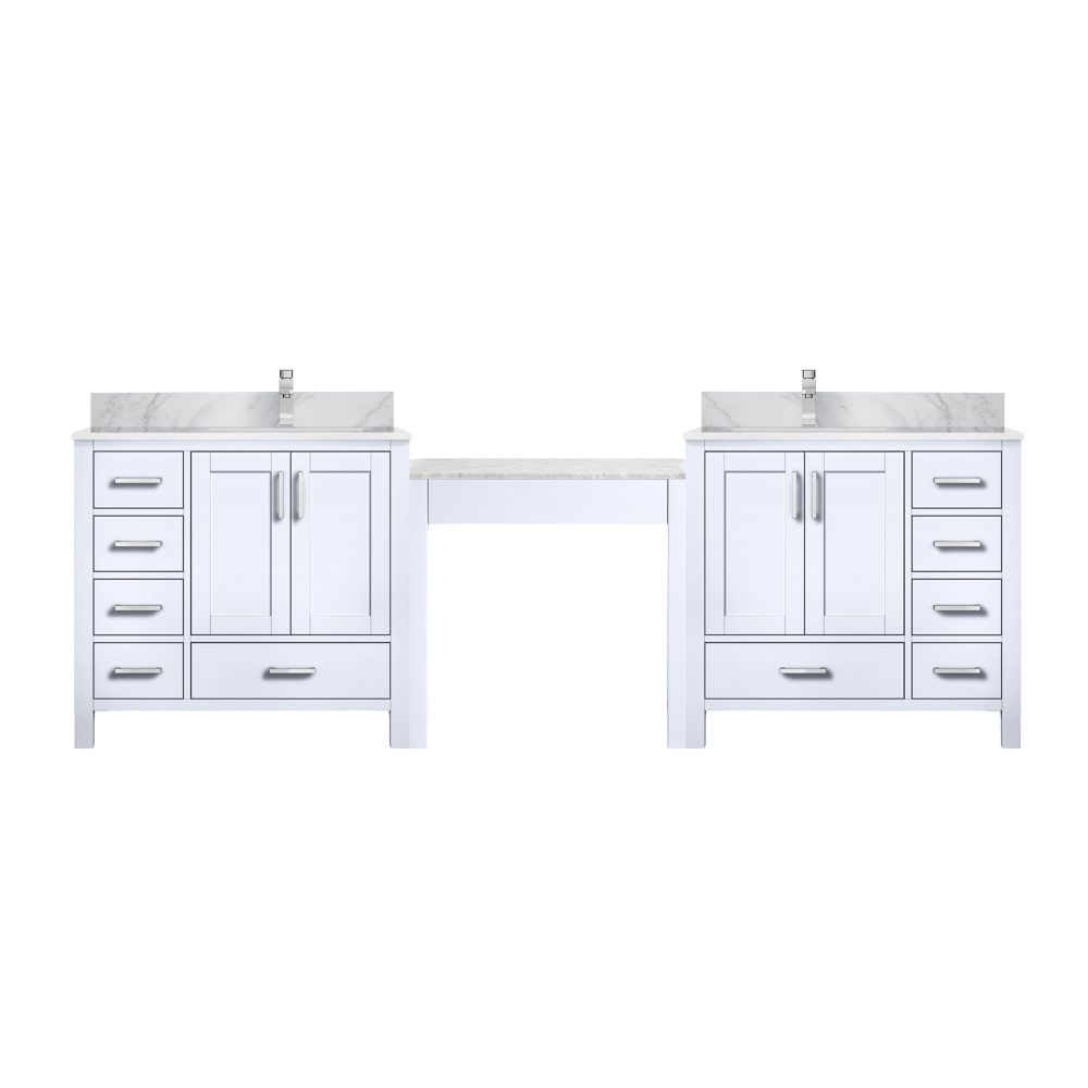 Coraline 102 in W x 22 in. D White Double Bath Vanity, Carrara Marble Top, and Faucet Set