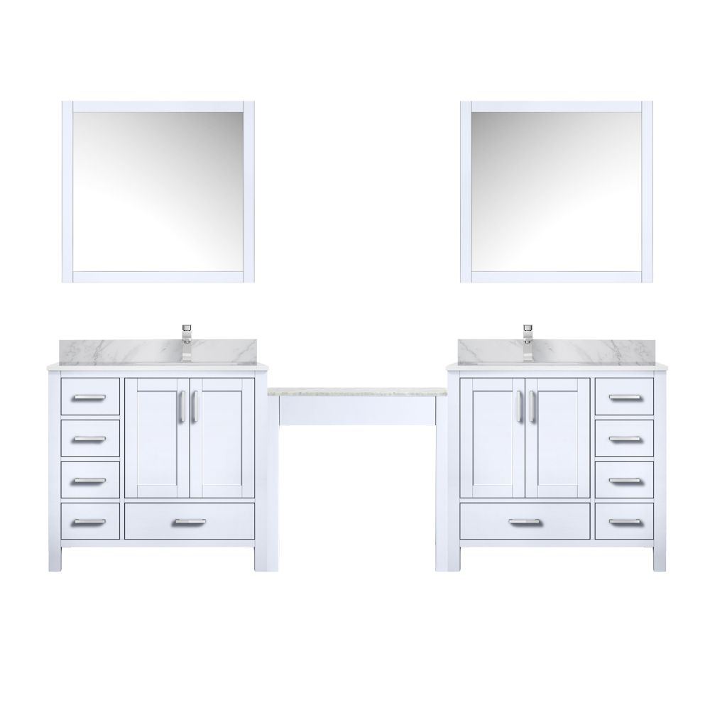 Coraline 102 in W x 22 in. D White Double Bath Vanity, Carrara Marble Top, Faucet Set, and 34 in Mirrors