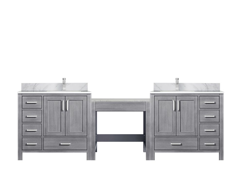 Coraline 102 in W x 22 in. D Distressed Grey Double Bath Vanity, Carrara Marble Top, and Faucet Set