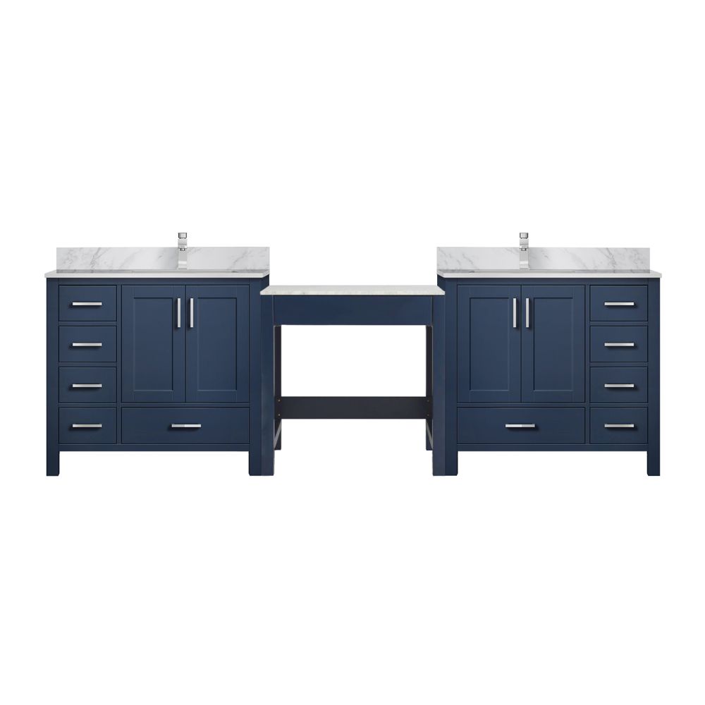 Coraline 102 in W x 22 in. D Navy Blue Double Bath Vanity, Carrara Marble Top, and Faucet Set