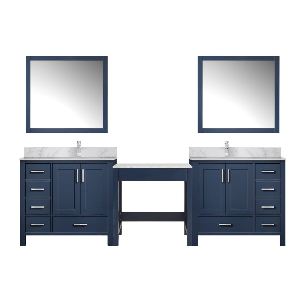 Coraline 102 in W x 22 in. D Navy Blue Double Bath Vanity, Carrara Marble Top, Faucet Set, and 34 in Mirrors