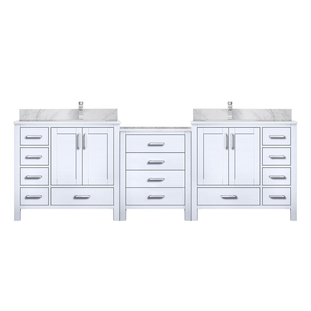 Coraline 92 in W x 22 in. D White Double Bath Vanity, Carrara Marble Top, and Faucet Set