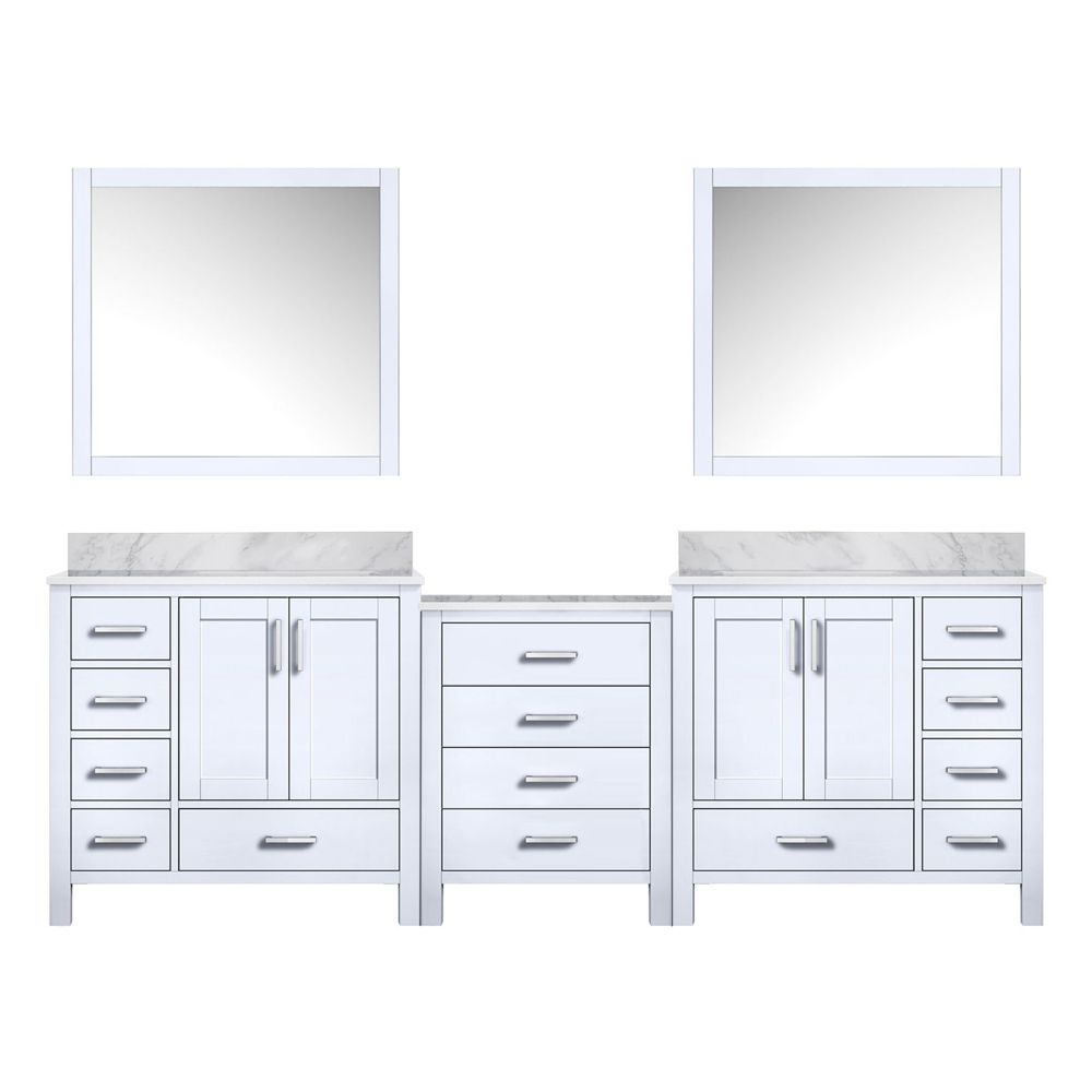 Coraline 92 in W x 22 in. D White Double Bath Vanity, Carrara Marble Top, and 34 in Mirrors