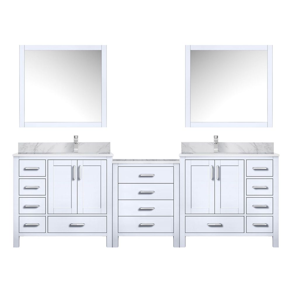 Coraline 92 in W x 22 in. D White Double Bath Vanity, Carrara Marble Top, Faucet Set, and 34 in Mirrors