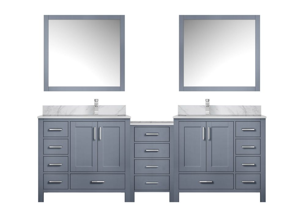 Coraline 92 in W x 22 in. D Dark Grey Double Bath Vanity, Carrara Marble Top, Faucet Set, and 34 in Mirrors