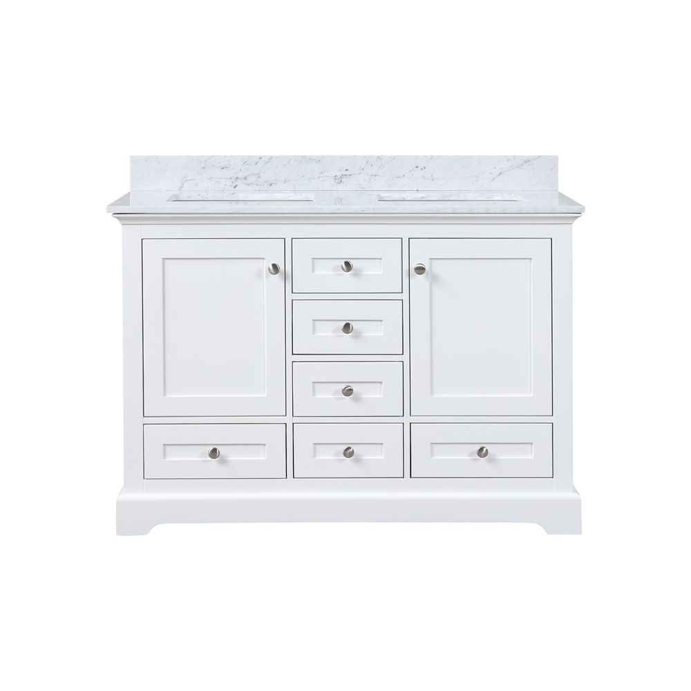Dukes 48 in. W x 22 in. D White Double Bath Vanity, Carrara Marble Top,