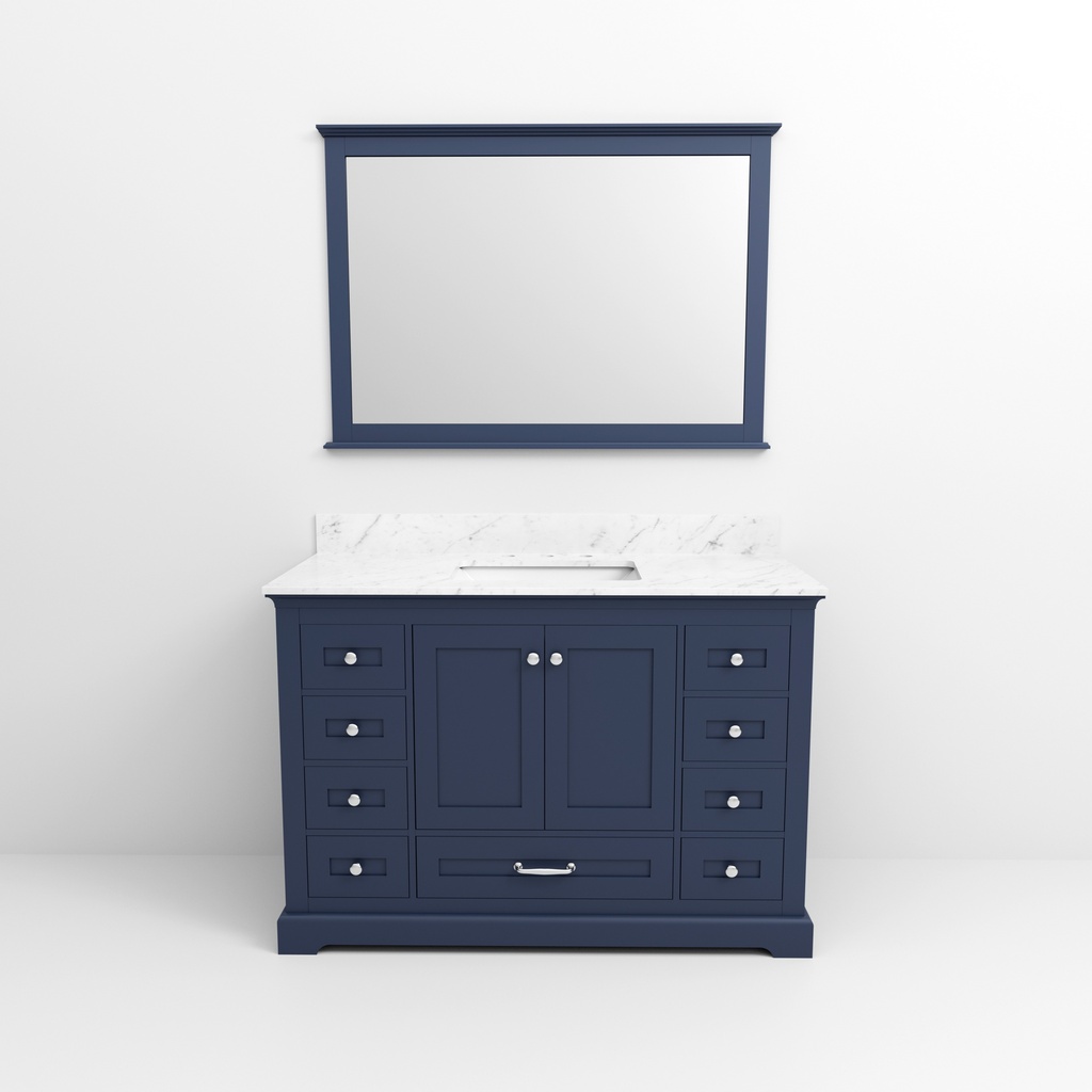 Dukes 48 in. W x 22 in. D Navy Blue Single Bath Vanity, Carrara Marble Top, and 46 in. Mirror
