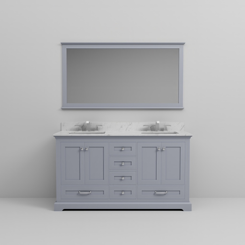 Dukes 60 in. W x 22 in. D Dark Grey Double Bath Vanity, Carrara Marble Top, Faucet Set, and 58 in. Mirror