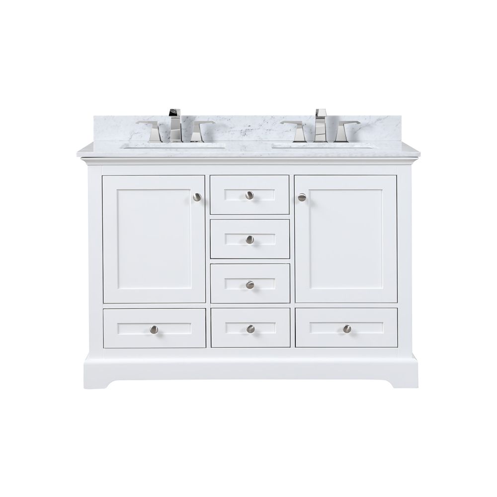 Dukes 48 in. W x 22 in. D White Double Bath Vanity, Carrara Marble Top, and Faucet Set