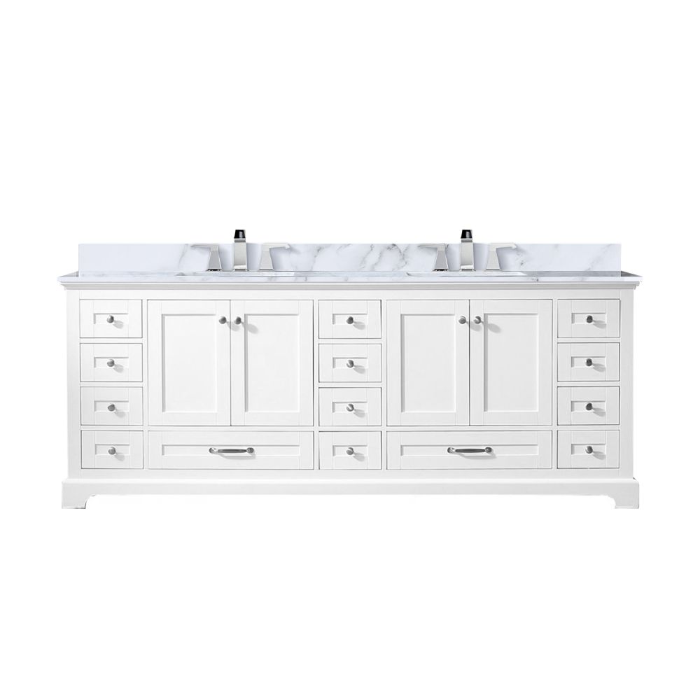 Dukes 84 in. W x 22 in. D White Double Bath Vanity, Carrara Marble Top, and Faucet Set