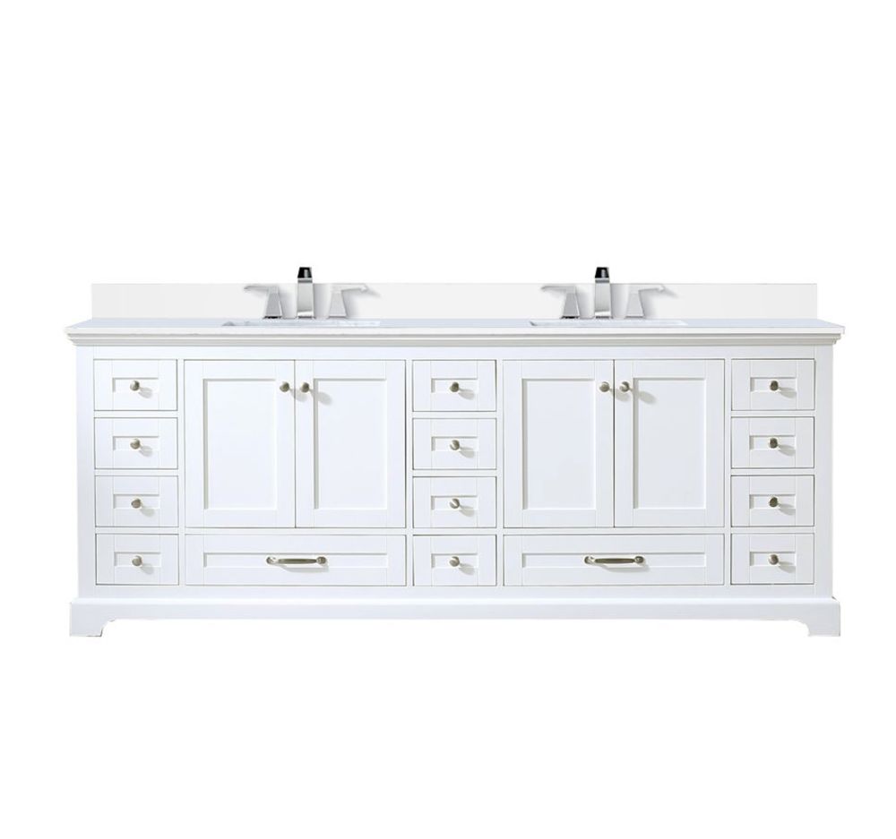 Dukes 84 in. W x 22 in. D White Double Bath Vanity, White Quartz Top, and Faucet Set