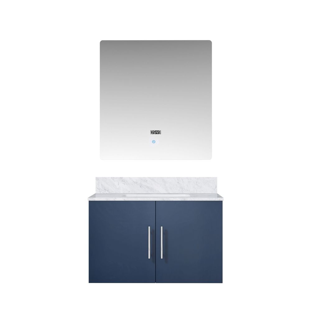 Geneva 30 in. W x 22 in. D Navy Blue Bath Vanity, Carrara Marble Top, and 30 in. LED Mirror
