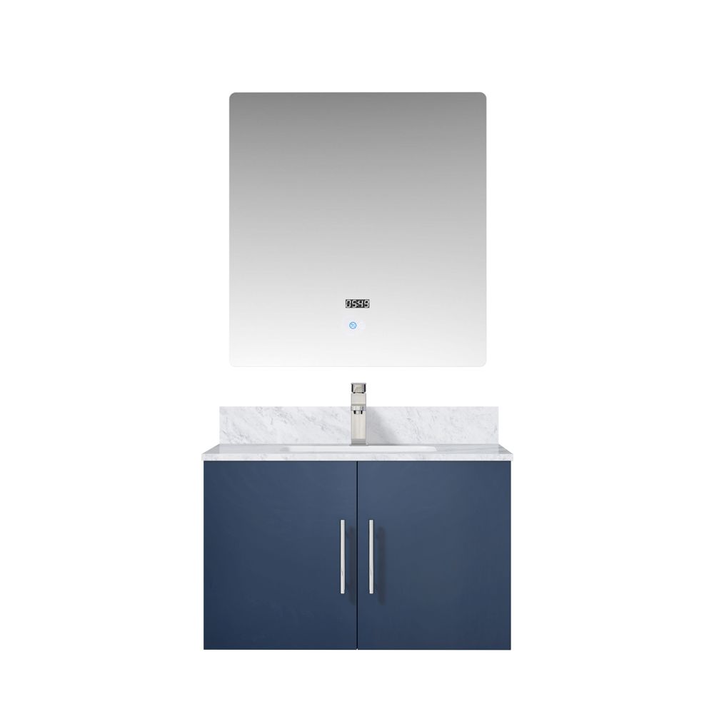 Geneva 30 in. W x 22 in. D Navy Blue Bath Vanity, Carrara Marble Top, Faucet Set, and 30 in. LED Mirror