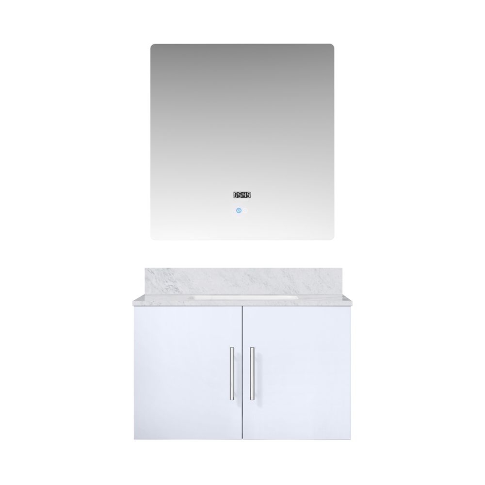 Geneva 30 in. W x 22 in. D Glossy White Bath Vanity, Carrara Marble Top, Faucet Set, and 30 in. LED Mirror