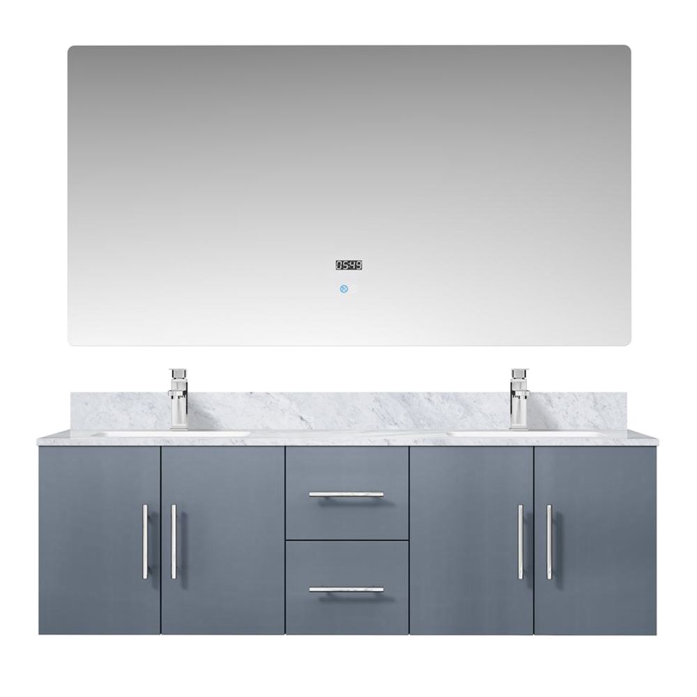 Geneva 60 in. W x 22 in. D Dark Grey Double Bath Vanity, Carrara Marble Top, Faucet Set, and 60 in. LED Mirror